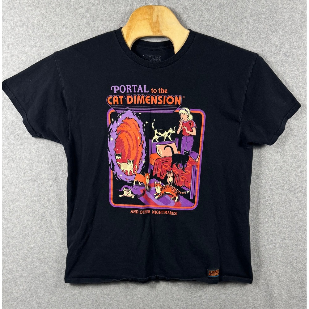 Steven Rhodes Graphic Tee Mens XL Black Portal to the Cat Dimension T-Shirt